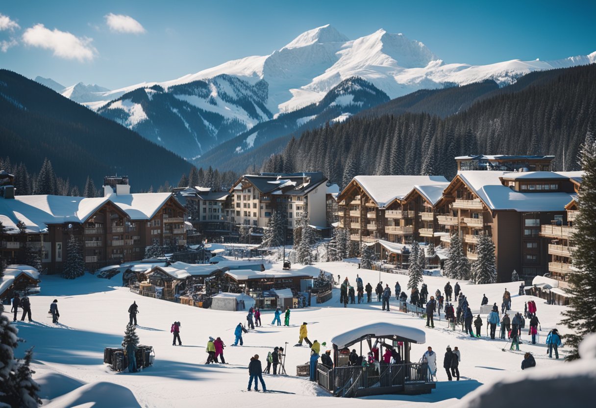 A bustling mountain resort with a sign for "Frequently Asked Questions" surrounded by skiers, snowboarders, and chairlifts against a backdrop of snowy peaks