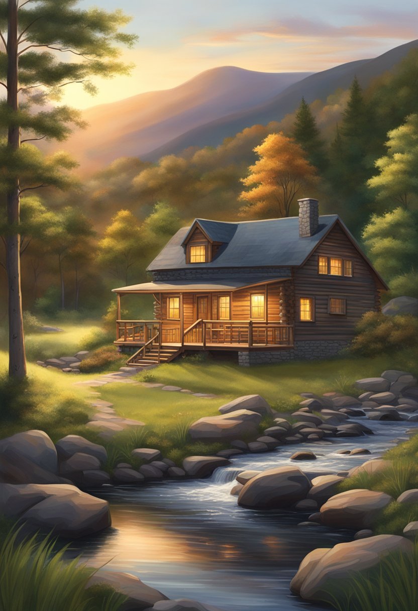 A cozy cabin nestled in the Catskill Mountains, surrounded by lush greenery and a tranquil stream. The sun sets behind the distant peaks, casting a warm glow over the serene landscape