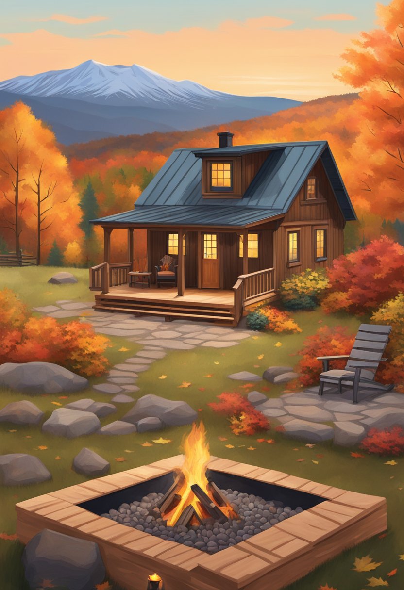 A cozy Catskill cabin surrounded by colorful autumn foliage, with a crackling fire pit and a view of the mountains