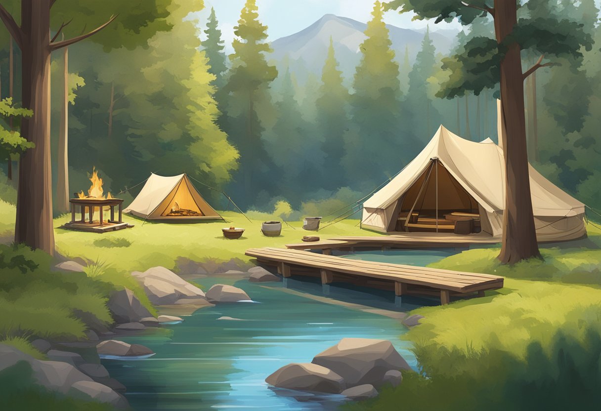 The campsite is nestled in a lush forest, with a crackling fire pit surrounded by log benches. Tents are pitched on soft, green grass, and a winding trail leads to the tranquil river