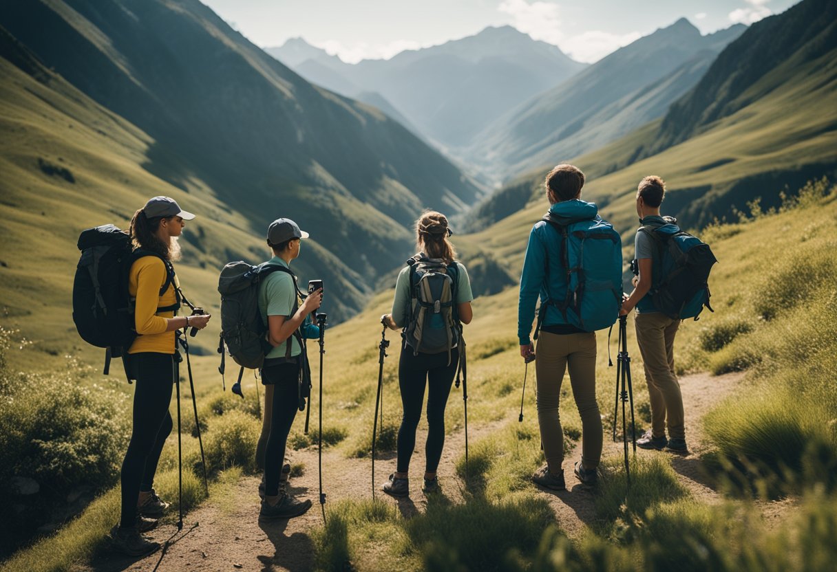A group of hikers use Meshtastic devices to communicate in a remote, mountainous area