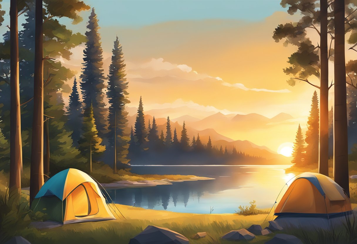 The morning sun casts a warm glow over the tranquil campgrounds, with tents nestled among tall trees and a serene lake in the background