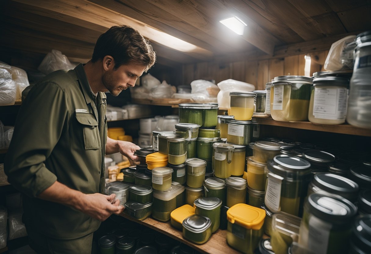 A Canadian prepper organizes emergency supplies in a well-stocked shelter, with a focus on food, water, and medical supplies