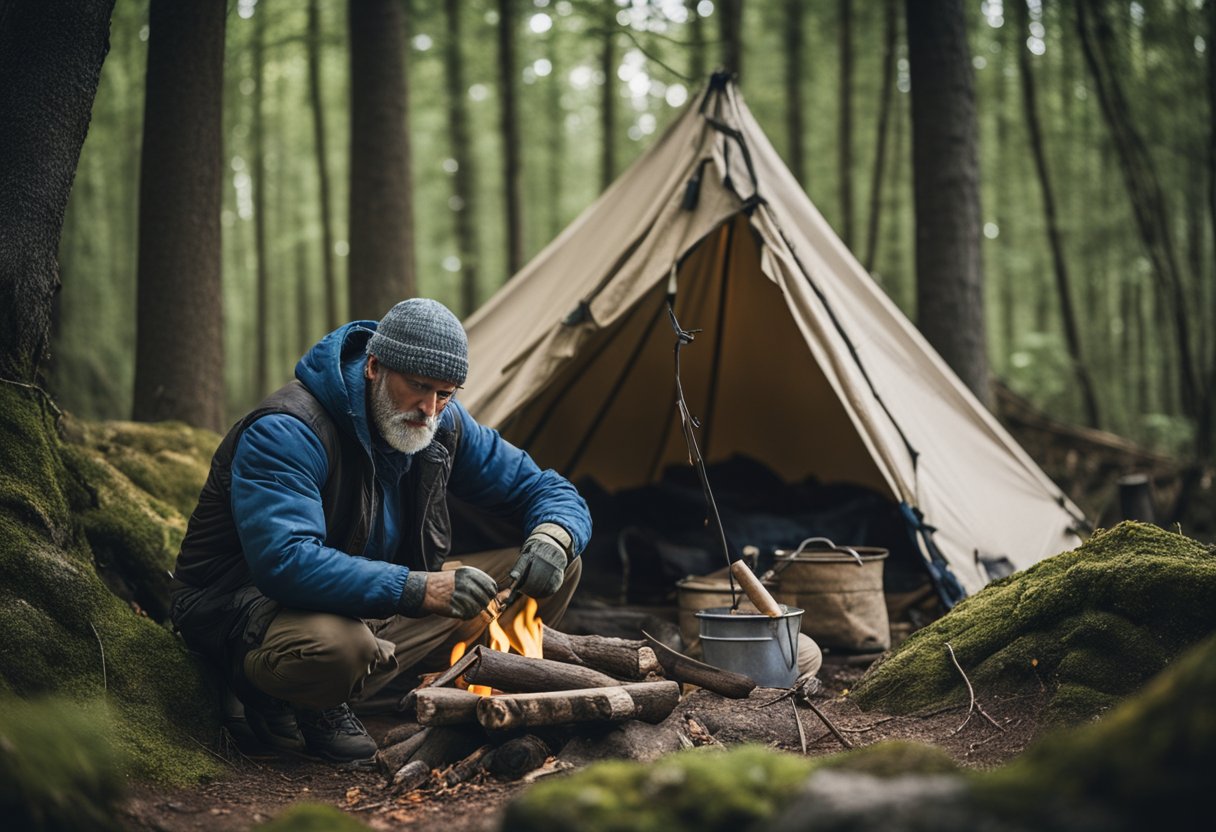 A rugged figure constructs a shelter using branches and tarp. Nearby, a fire pit is surrounded by foraged supplies and tools