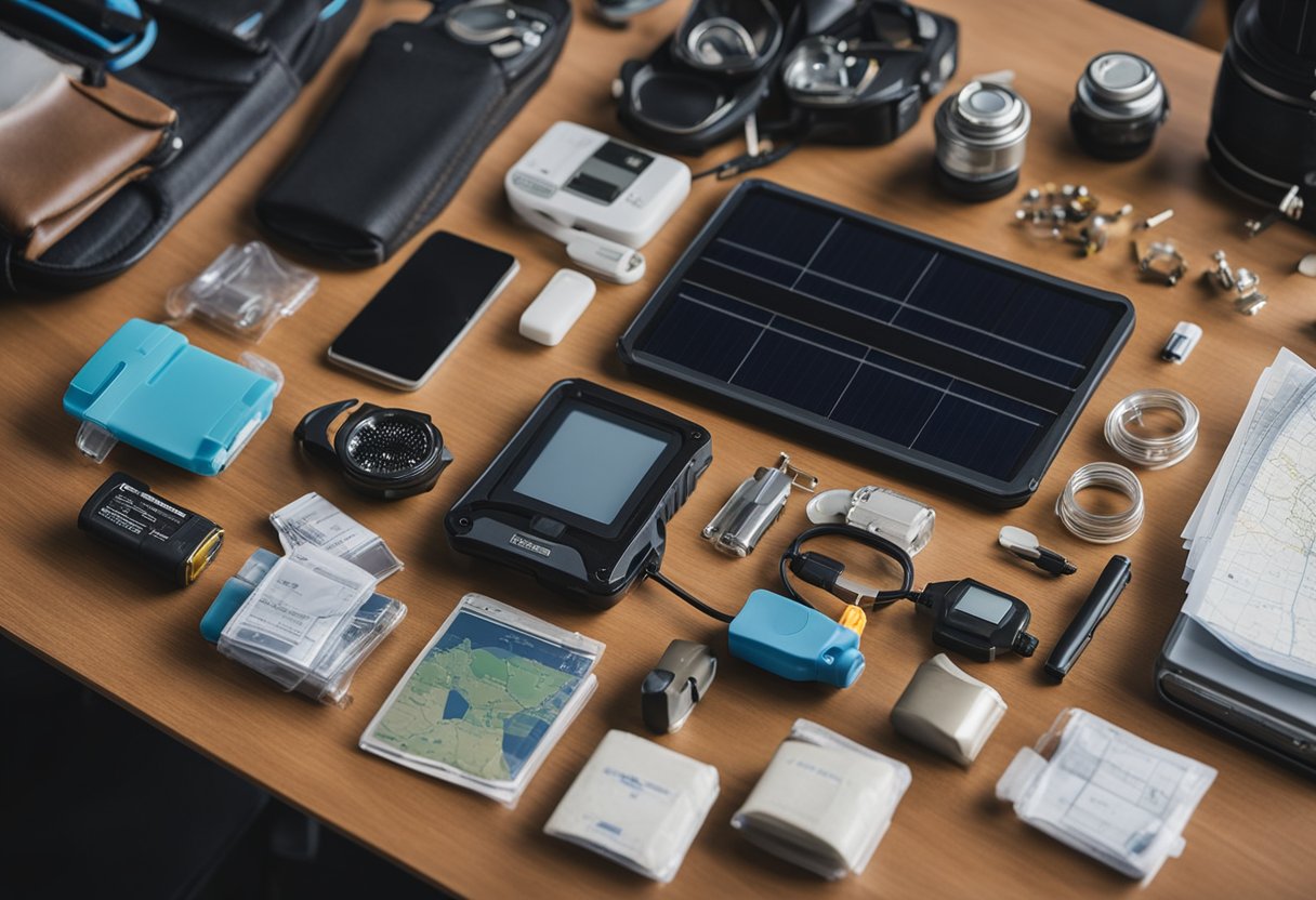 A cluttered desk with survival gear, maps, and technology. A solar panel charges a battery pack. Emergency food supplies are neatly organized