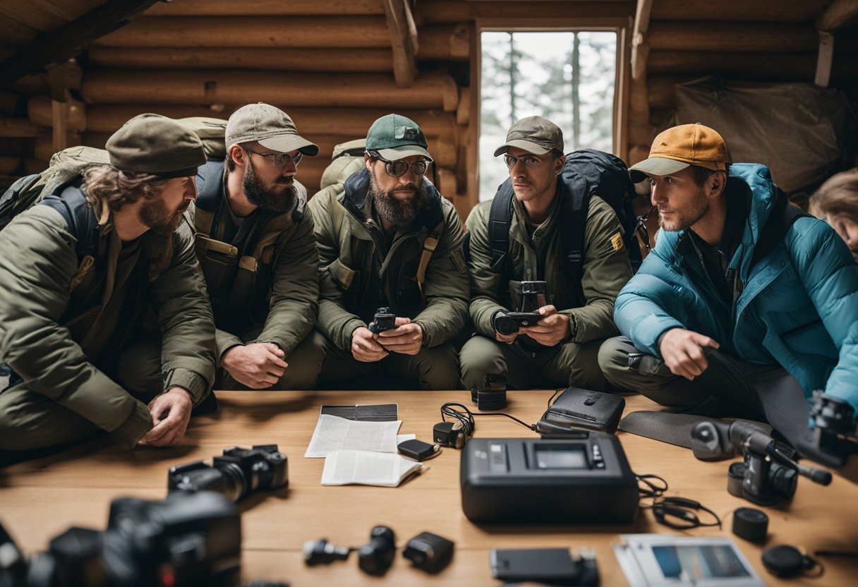A group of preppers gather around a microphone, recording a podcast. They are surrounded by survival gear, food supplies, and maps of Canada