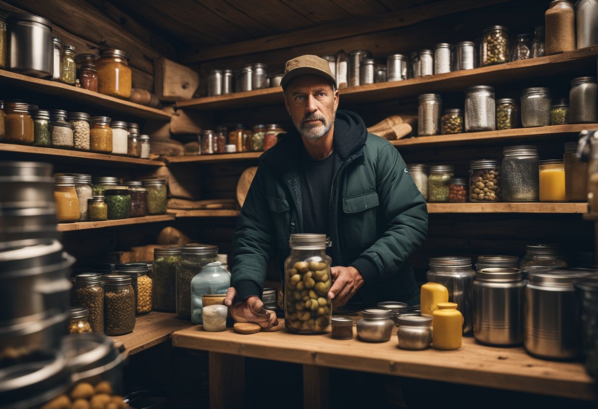 A Canadian prepper gathers supplies in a remote forest cabin, surrounded by shelves of canned goods, water jugs, and survival gear