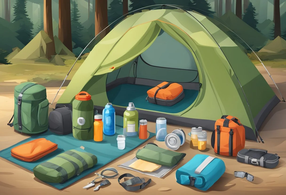 Inside the camping tent, there is a sleeping bag, flashlight, first aid kit, water bottle, multi-tool, map, and a portable stove