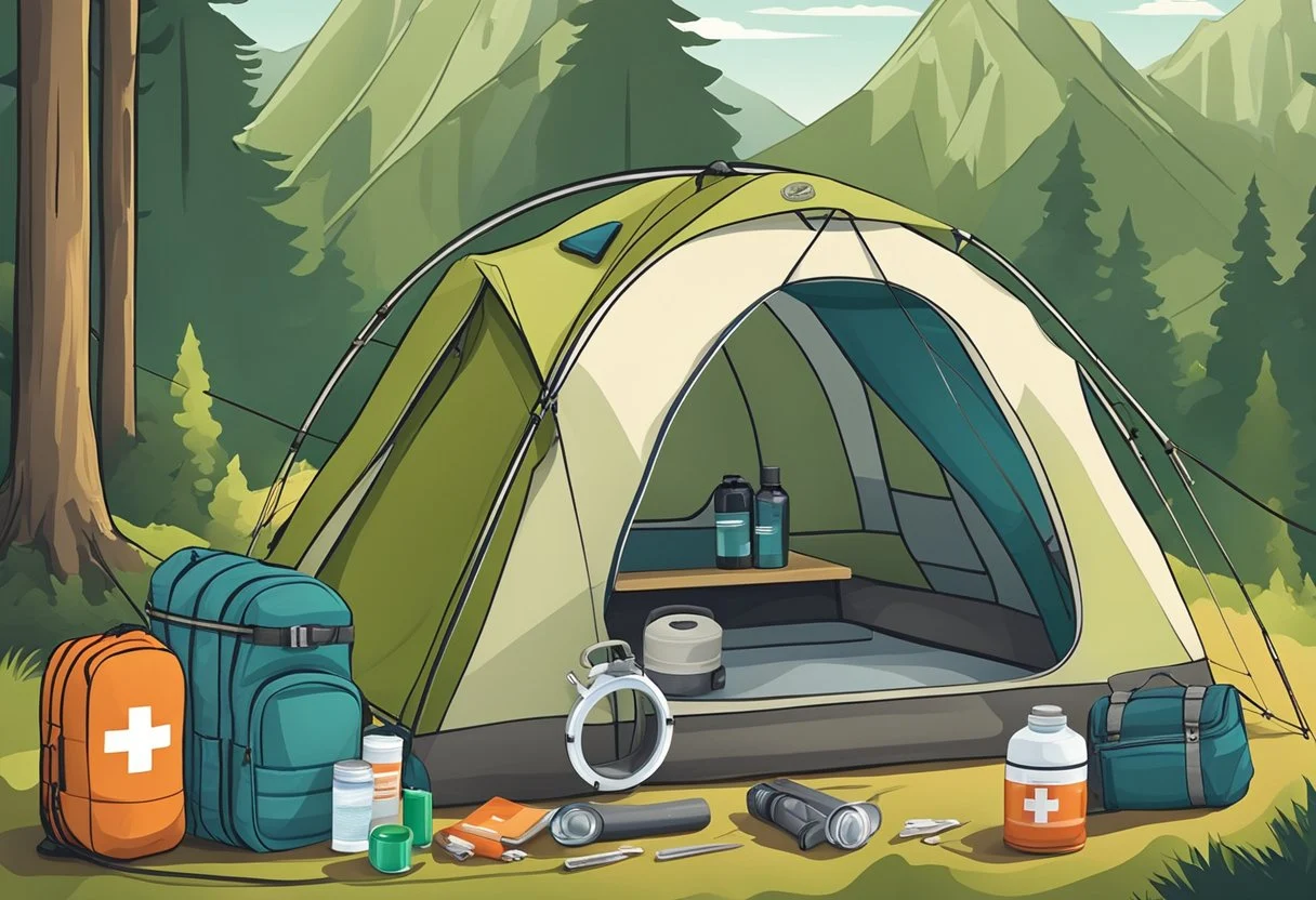 A camping tent with an open First Aid Kit, containing 7 essential items, set against a backdrop of outdoor adventure gear and natural scenery