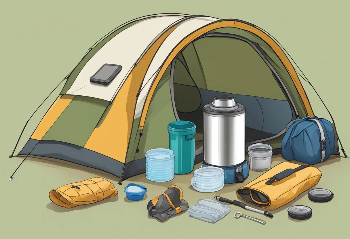 A camping tent with essential items: water filter, Sawyer Mini, and other gear laid out inside