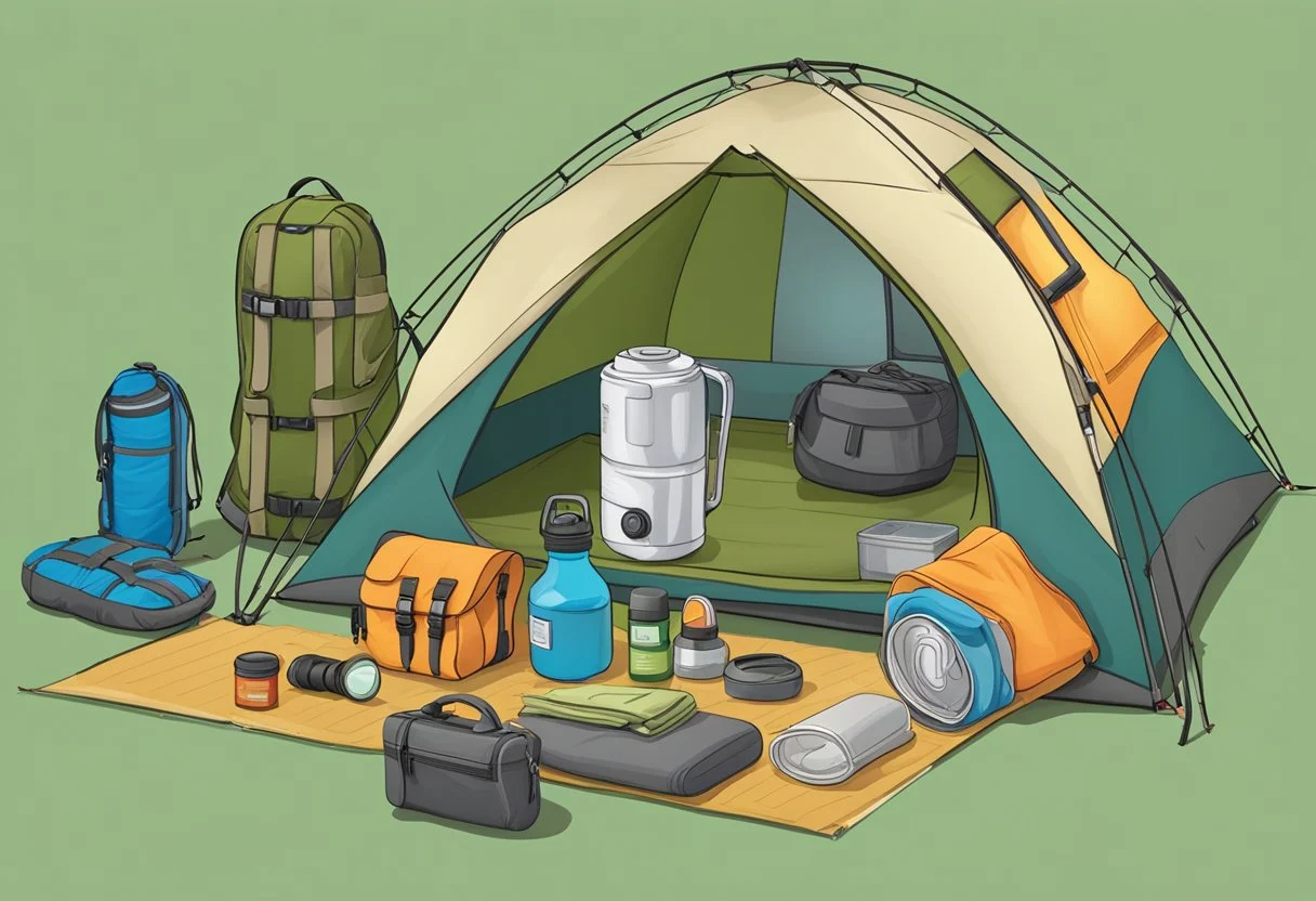 A camping tent stands open, revealing 7 essential items neatly arranged inside. The items include a sleeping bag, flashlight, first aid kit, water bottle, map, portable stove, and a multi-tool