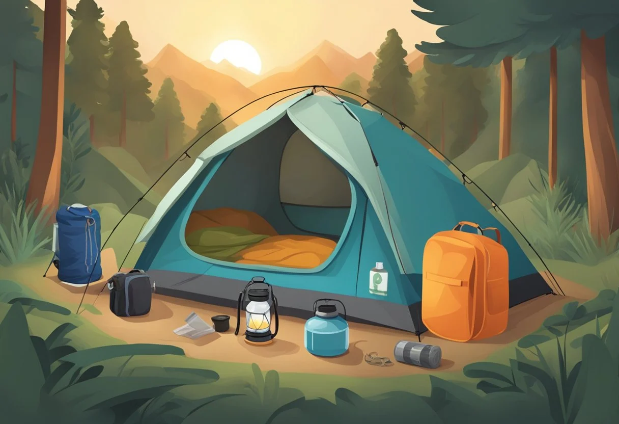 A tent is being pitched with a sleeping bag, lantern, first aid kit, cooler, camping stove, and water bottle inside