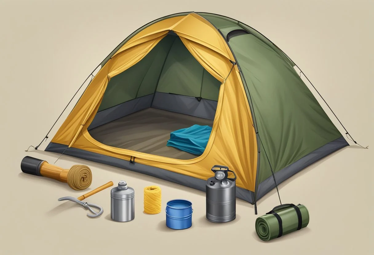 A camping tent with a mallet, stakes, repair kit, flashlight, extra rope, ground tarp, and waterproofing spray laid out neatly inside