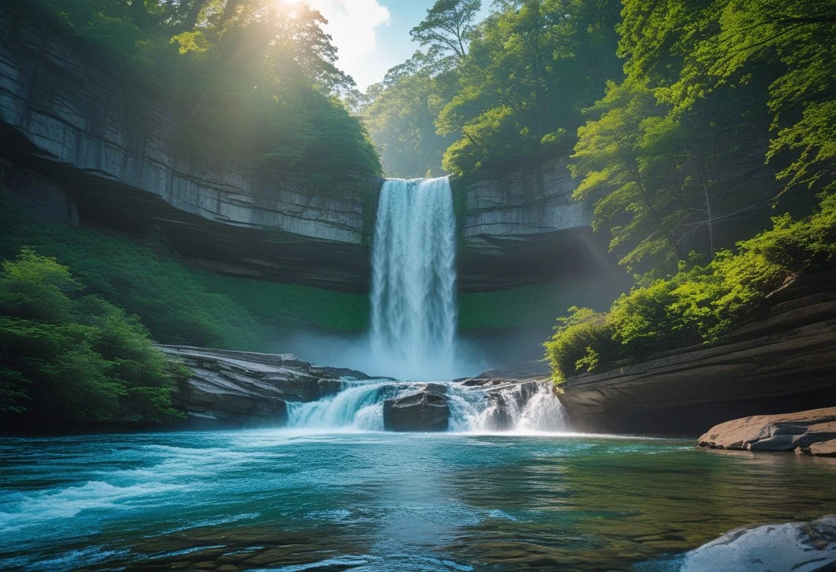 A waterfall flowing down rocky cliffs into a clear pool surrounded by green trees and vegetation.