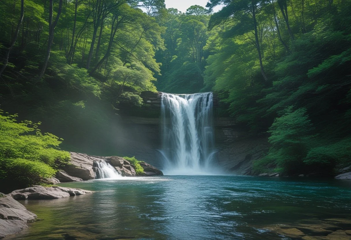 A waterfall flowing over rocks surrounded by green trees and dense forest vegetation.