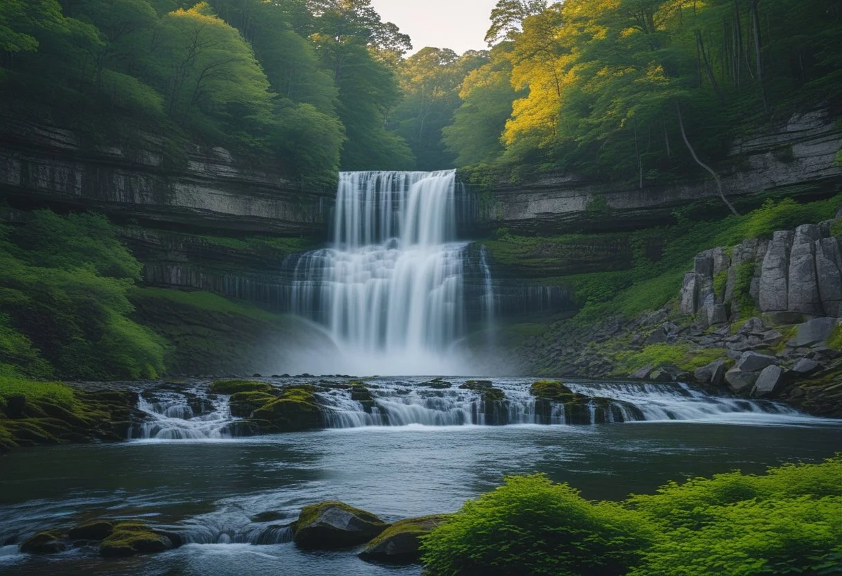 A waterfall cascading over rocks surrounded by dense green trees and a calm pool at the base.