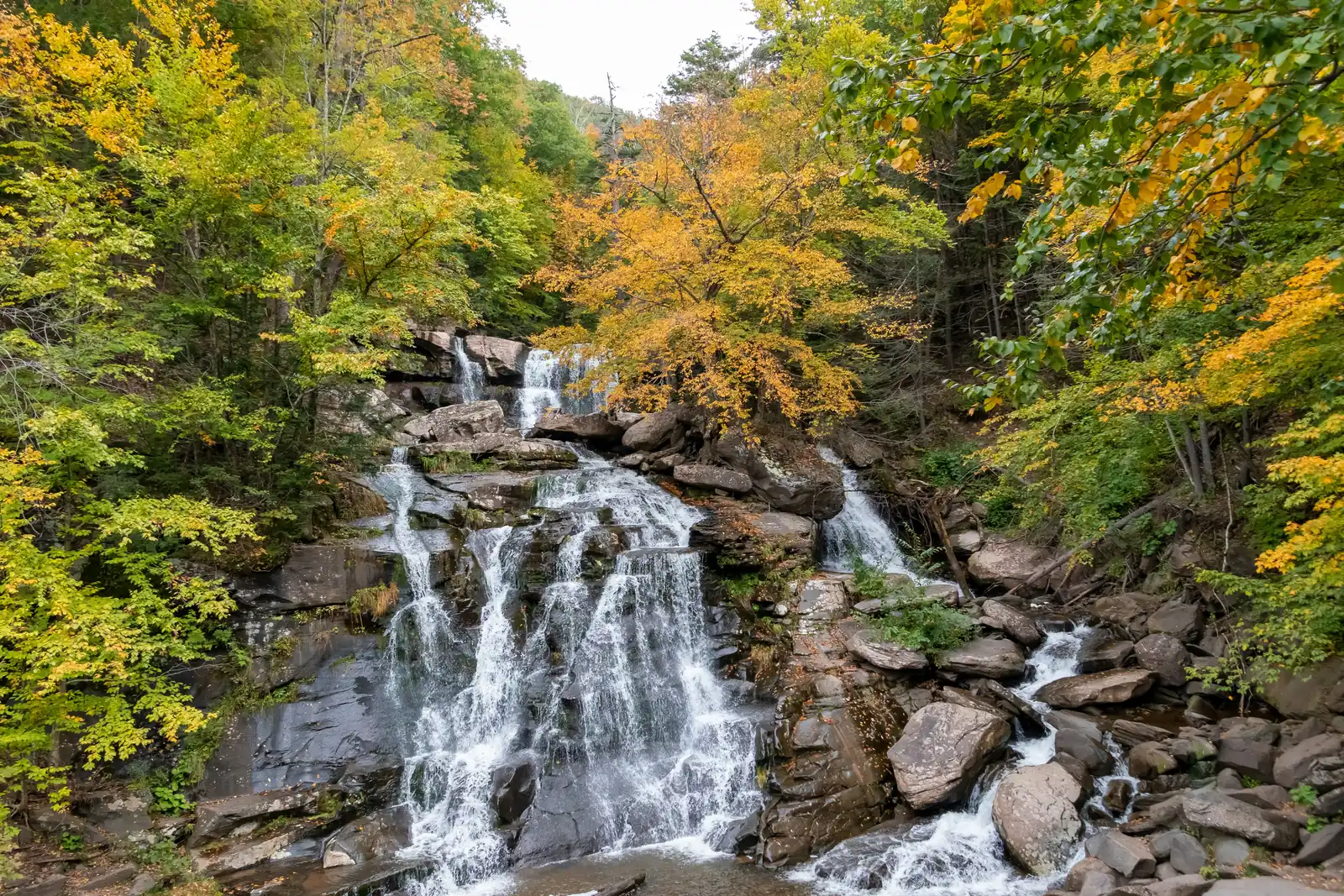 A wide waterfall spilling over stepped rock ledges between yellow and orange fall trees in the Catskills