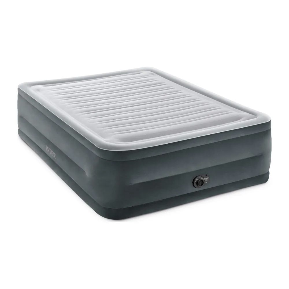 Intex Dura-Beam Deluxe Comfort-Plush 22-inch queen air mattress with built-in electric pump, three-quarter view