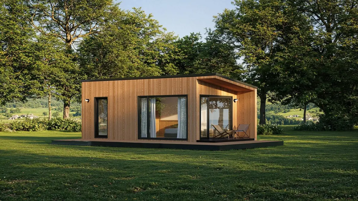 Rendering of the Field + Fold Juniper tiny cabin planned for Juniper Ridge near Jefferson, NY