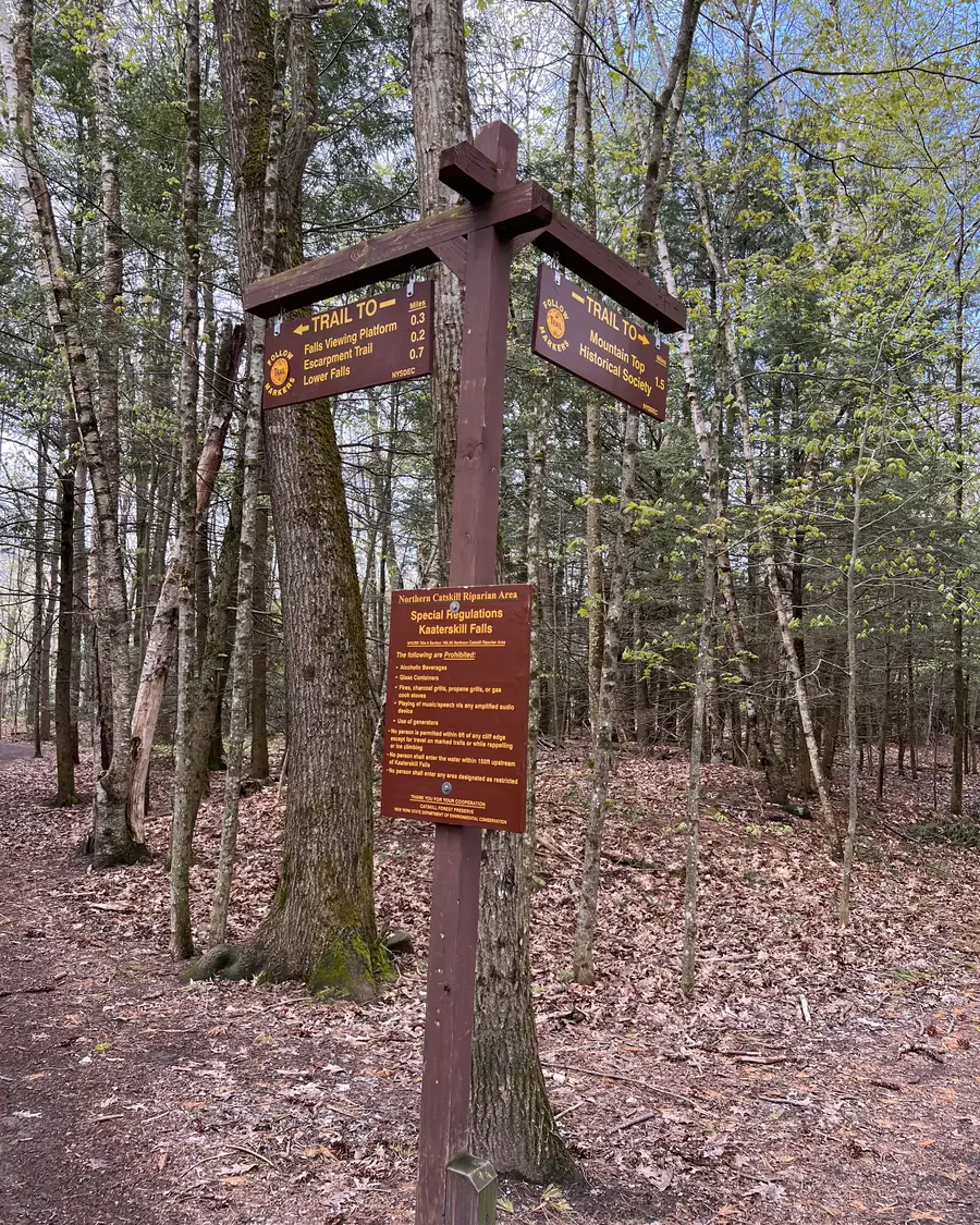 NYSDEC trail signs near Kaaterskill Falls pointing to the falls viewing platform, the Escarpment Trail and the lower falls