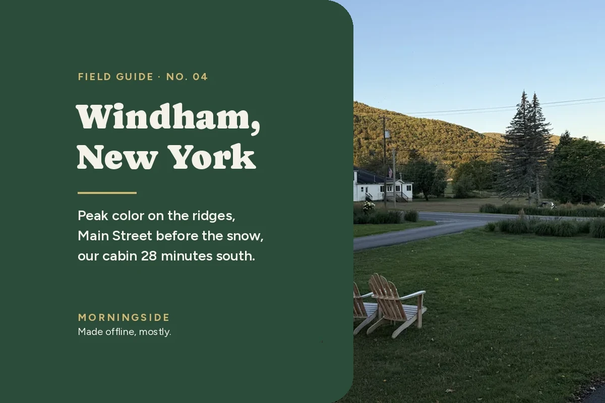 Four Adirondack chairs on a lawn facing a wooded ridge at sunset in Windham, NY, with the title Windham, New York field guide